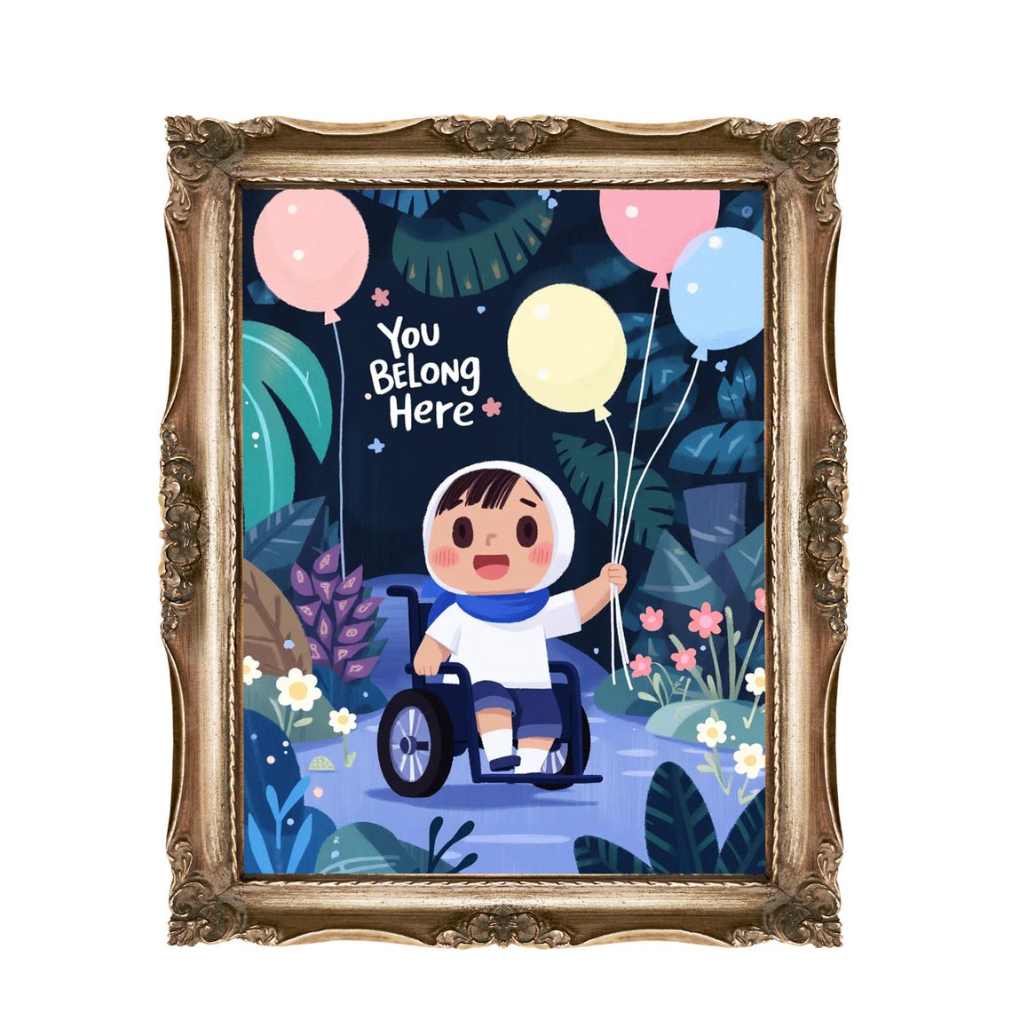 You Belong Here Wheelchair Kid Balloons Starry Night Garden Poster