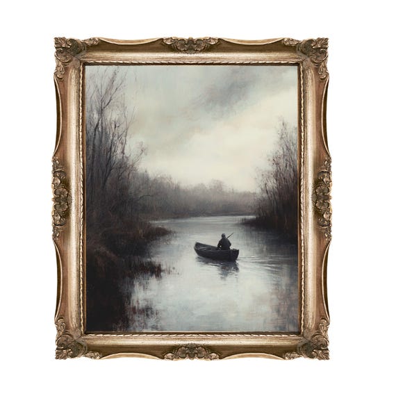 River Art Print Boatman Moody Landscape Wall Nature Painting Home Decor Neutral Colors