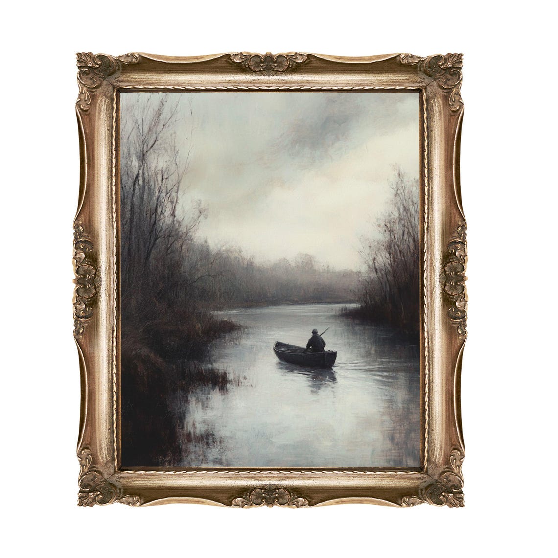 Lone Boatman Rowing A Misty River Under Grey Sky Oil Art Poster
