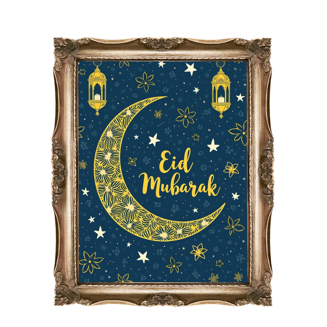 Eid Mubarak Golden Crescent Moon Navy Night Sky Islamic Wall Art