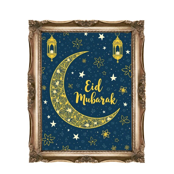Eid Mubarak Golden Crescent Moon Navy Night Sky Islamic Wall Art