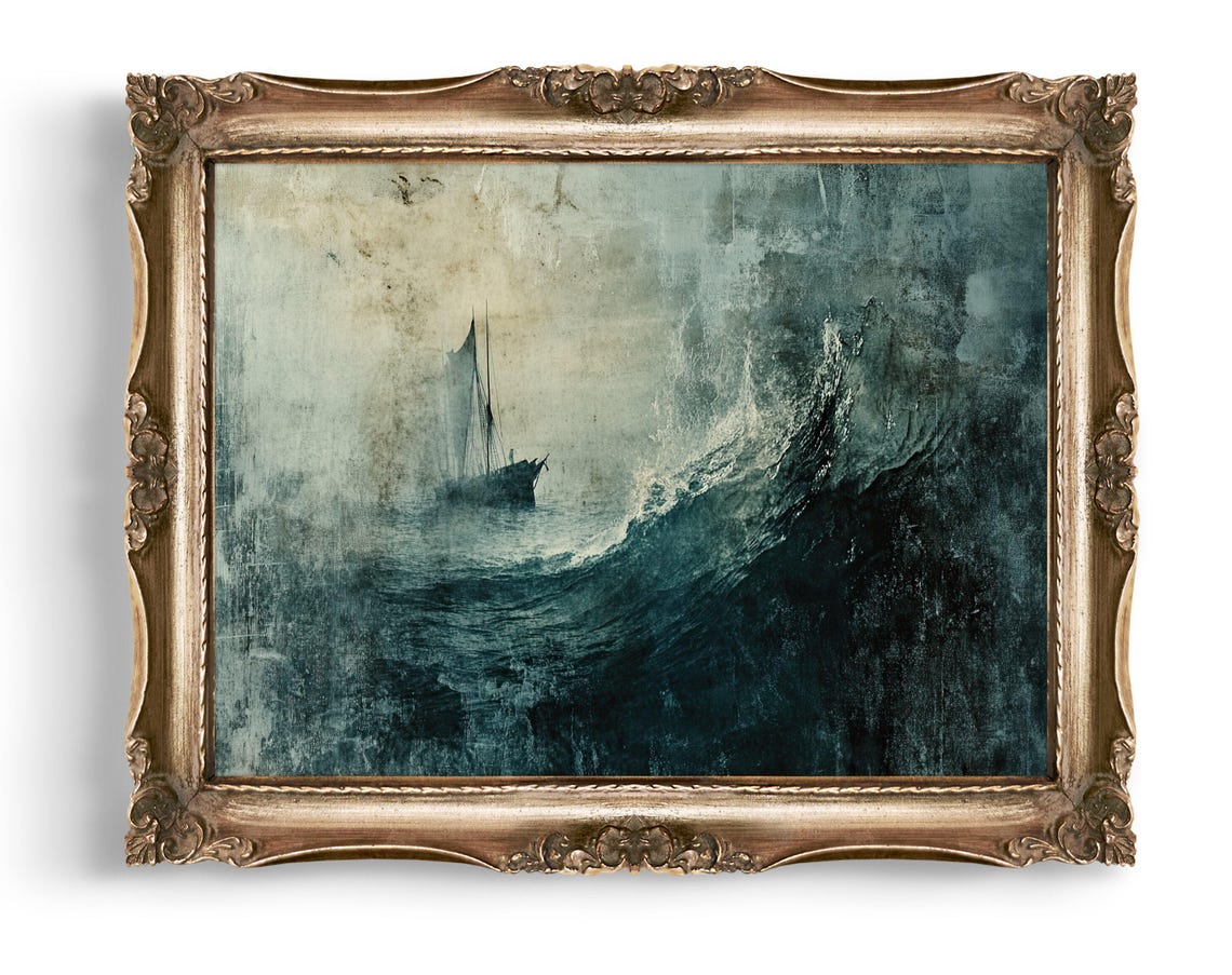 Lone Sailboat Riding a Giant Wave Moody Blue Ocean Art Poster