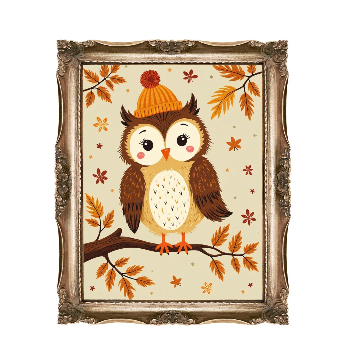 Cute Autumn Owl Wearing Knit Hat Fall Woodland Animals Wall Art
