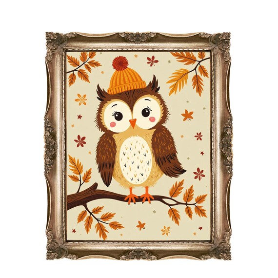 Cute Autumn Owl Wearing Knit Hat Fall Woodland Animals Wall Art