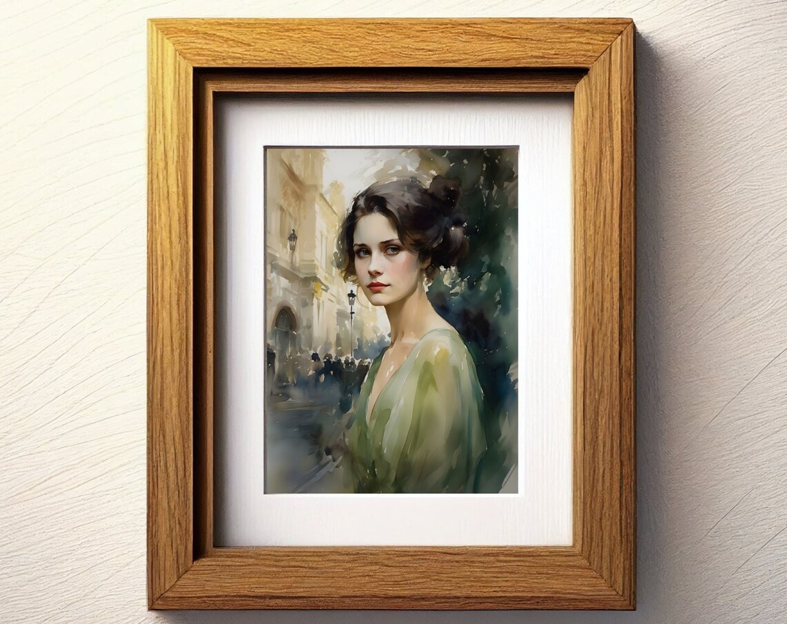Watercolor Woman Green Dress European Street Elegant Portrait Poster - Image 3