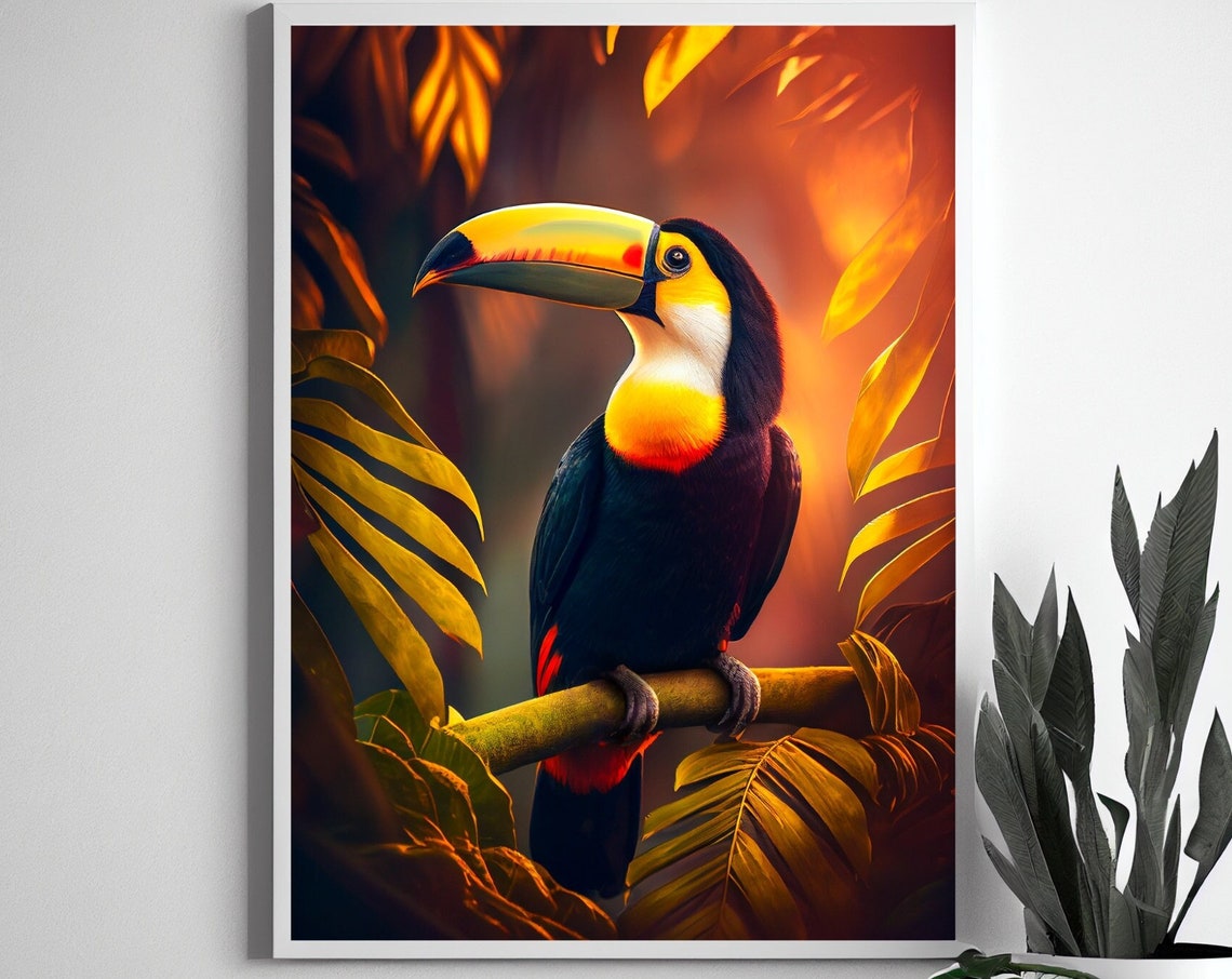 Colorful Toucan with Big Yellow Beak Perched at Golden Sunset Poster - Image 2