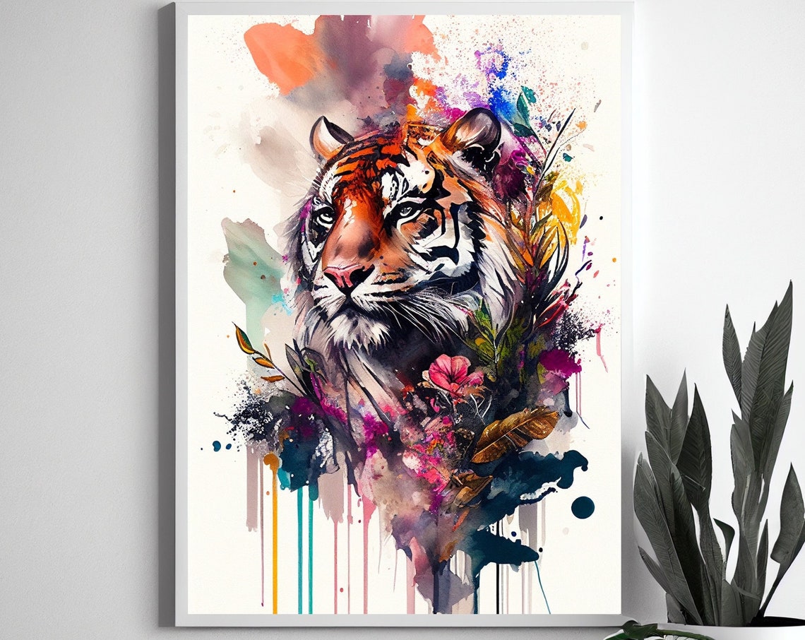Tiger Head Watercolor Splash with Colorful Paint Drips Poster - Image 2