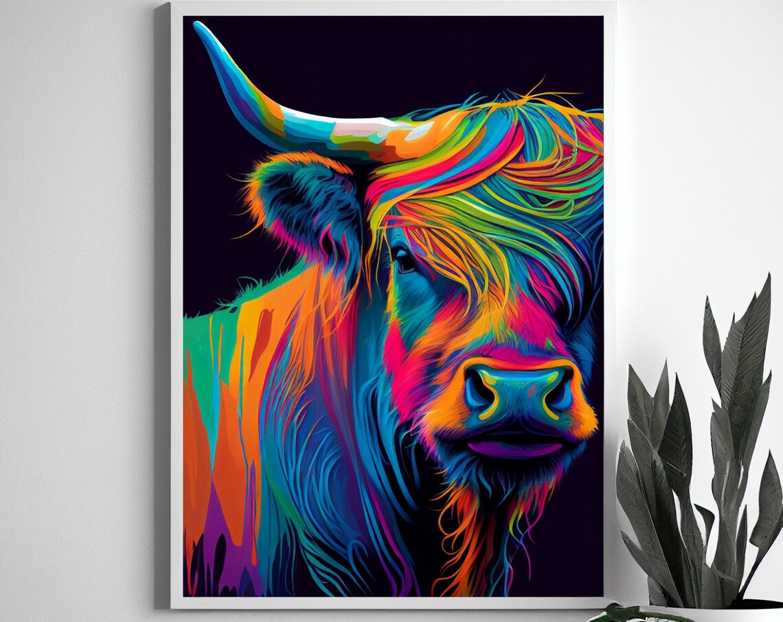 Neon Rainbow Highland Cow Portrait Colorful Abstract Cattle Poster - Image 3