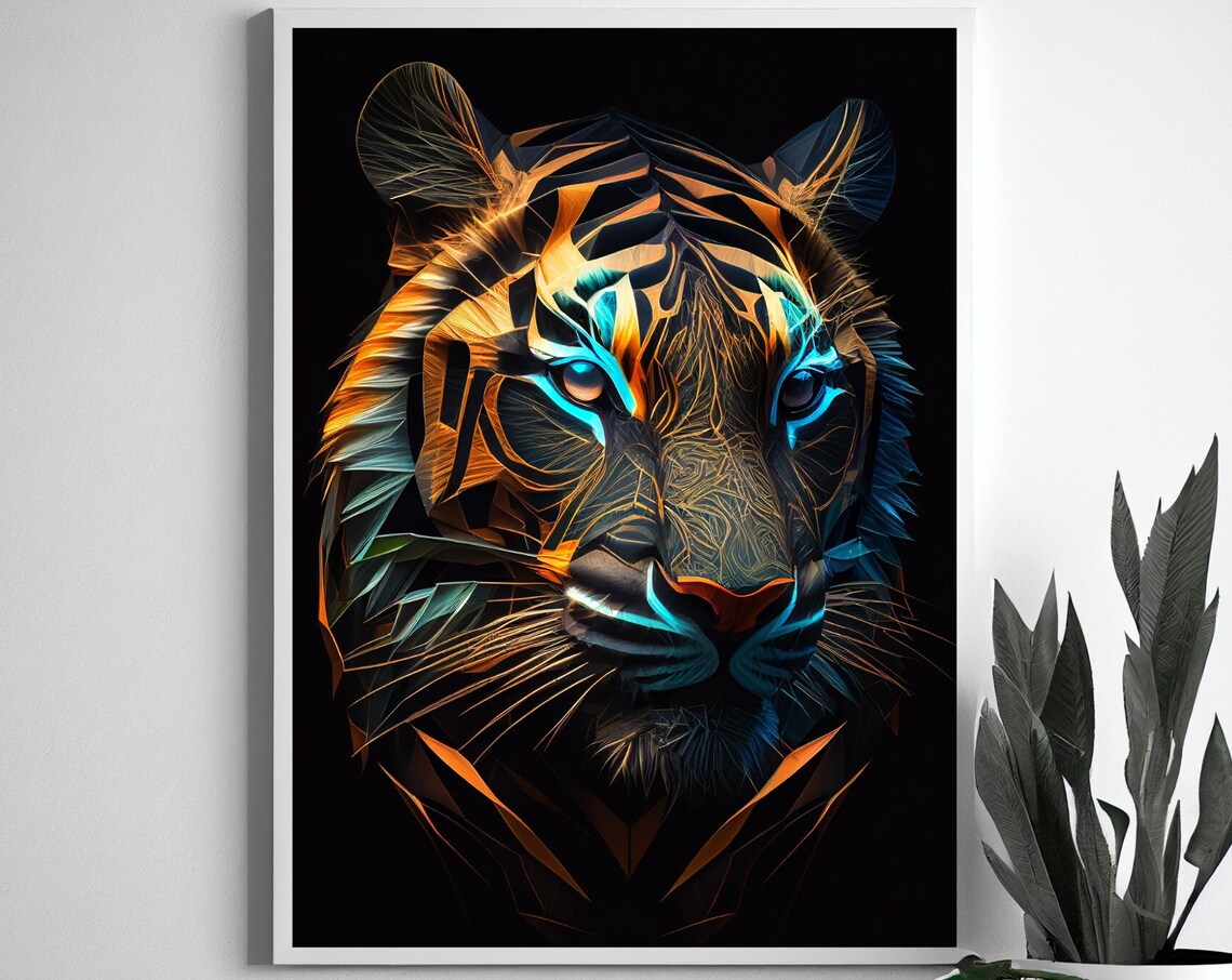 Neon Geometric Tiger Head on Black Dark Background Art Poster - Image 2
