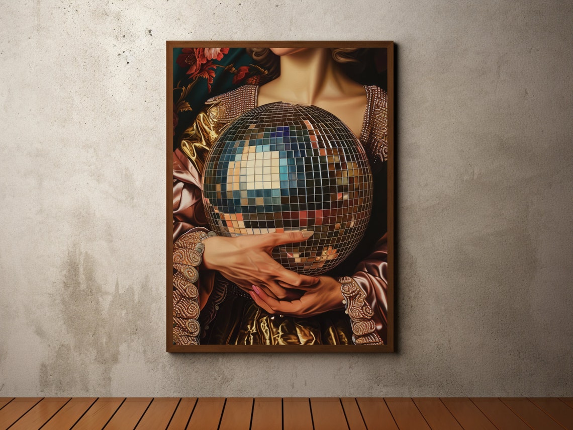 Golden Gown Woman Holding Disco Ball Baroque Party Glam Poster