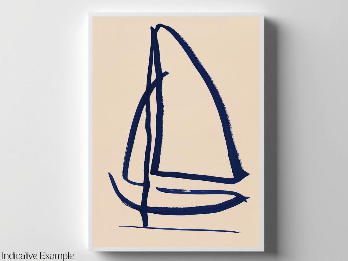 Minimalist Navy Blue Sailboat Sketch Abstract Coastal Wall Art - Image 4
