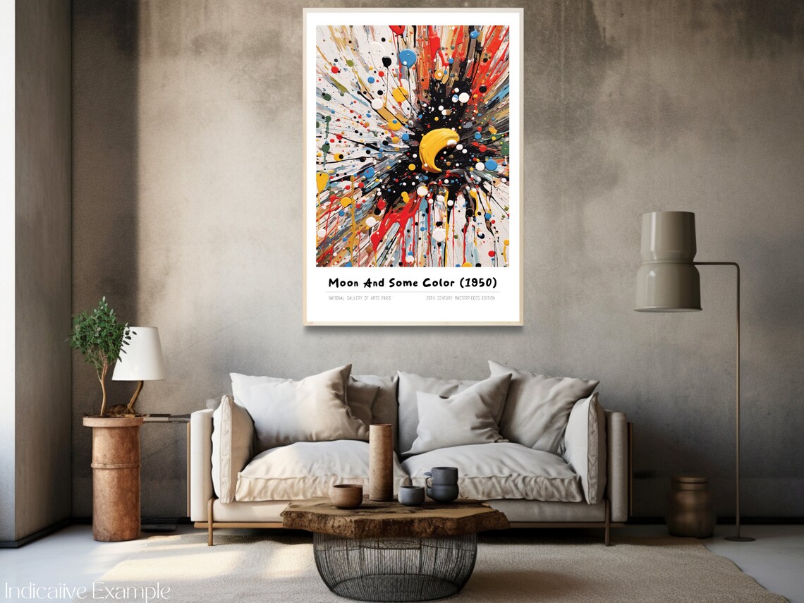 Moon And Some Color 1950 Yellow Crescent Splatter Art Poster - Image 3
