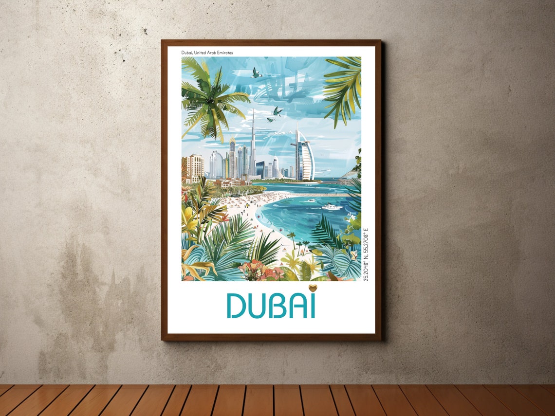 Dubai Beach Burj Al Arab Palm Fronds Modern Illustrated Travel Poster