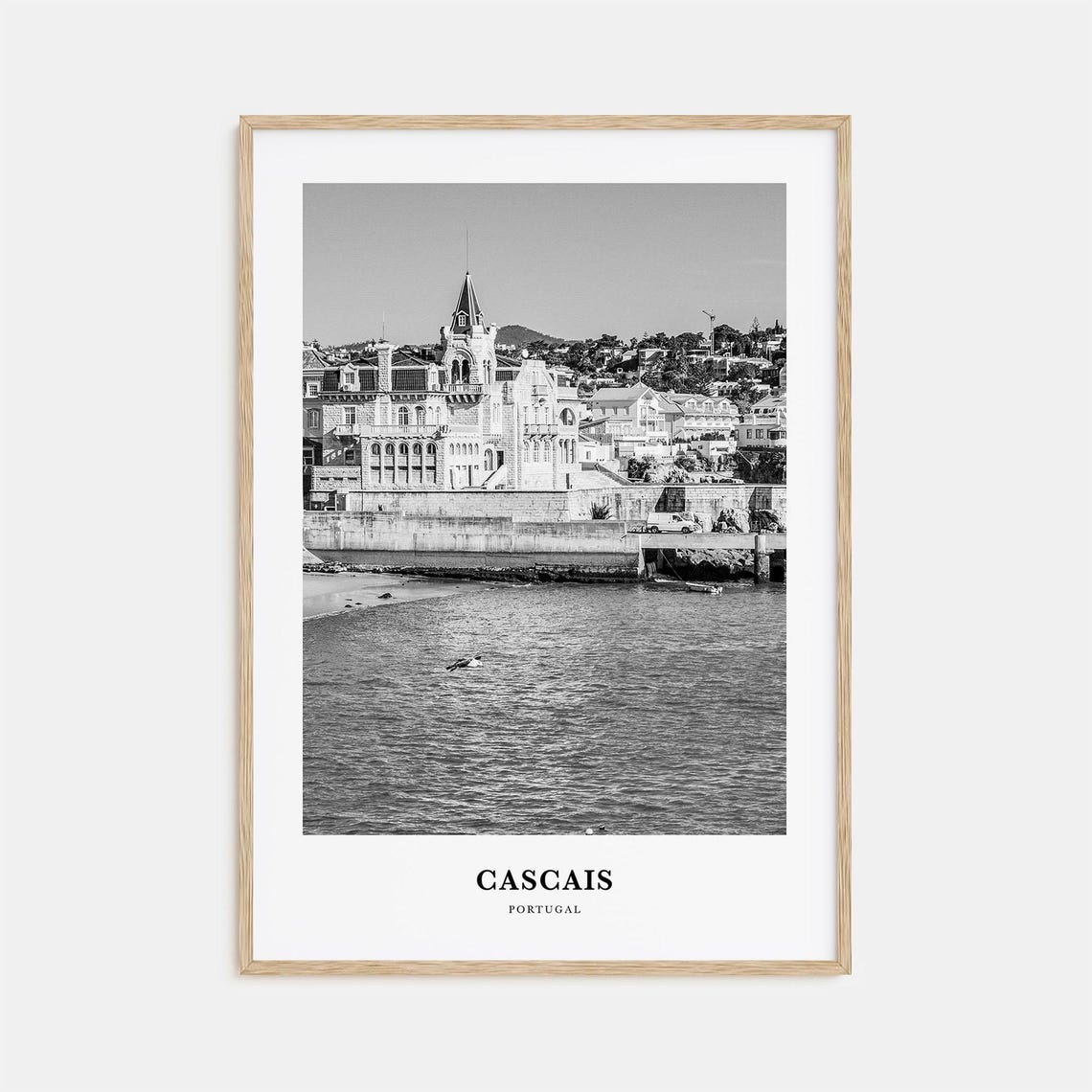 Cascais Portugal Seaside Palace Waterfront Black White Travel Poster