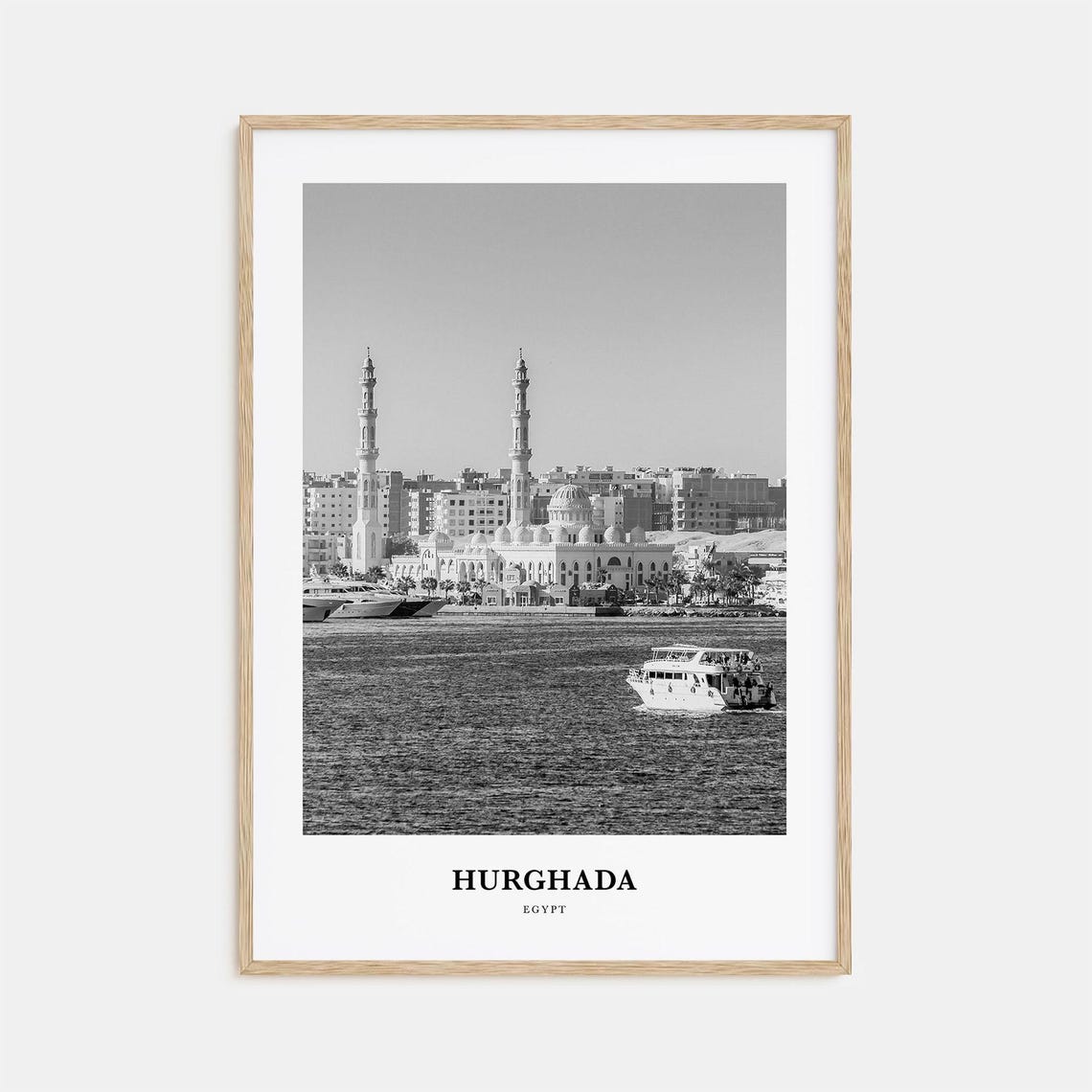 Hurghada Egypt Waterfront Mosque Black and White Travel Poster