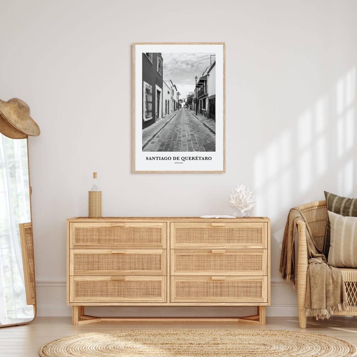 Santiago de Queretaro Mexico Cobblestone Street Black White Photo Poster - Image 3
