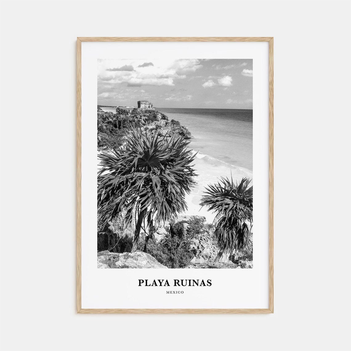 Tulum Mayan Ruins Cliffside Caribbean Beach Black and White Poster