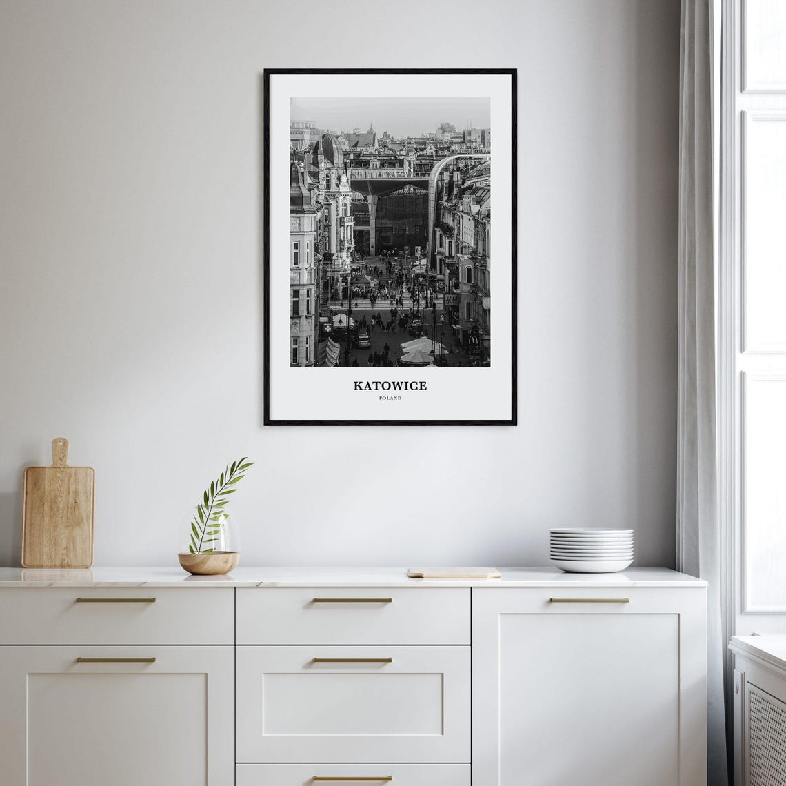 Katowice Poland Black and White Busy City Street Scene Poster - Image 2