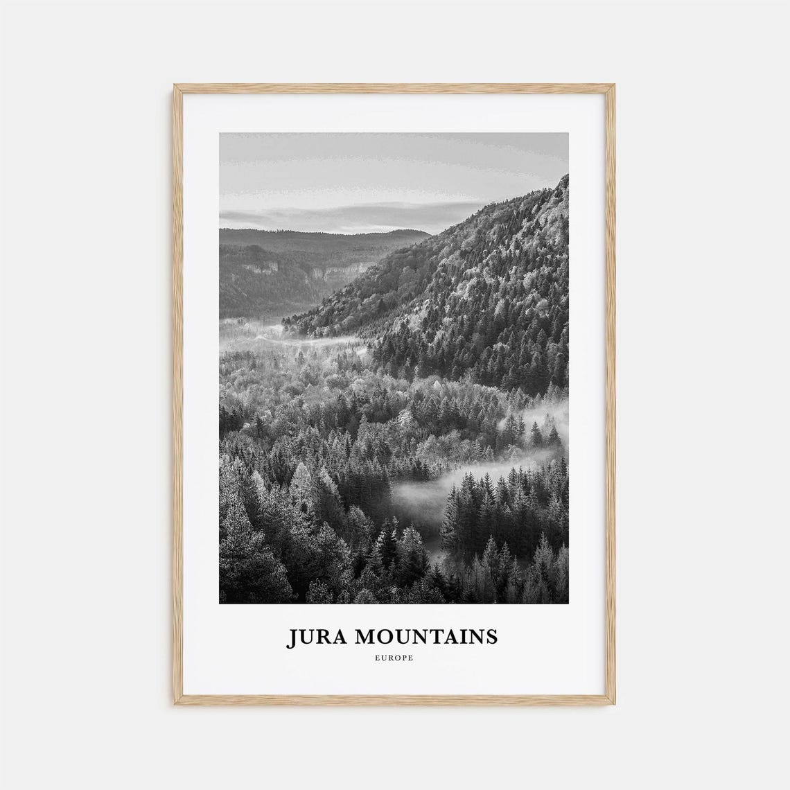 Jura Mountains Europe Black and White Misty Forest Valley Poster