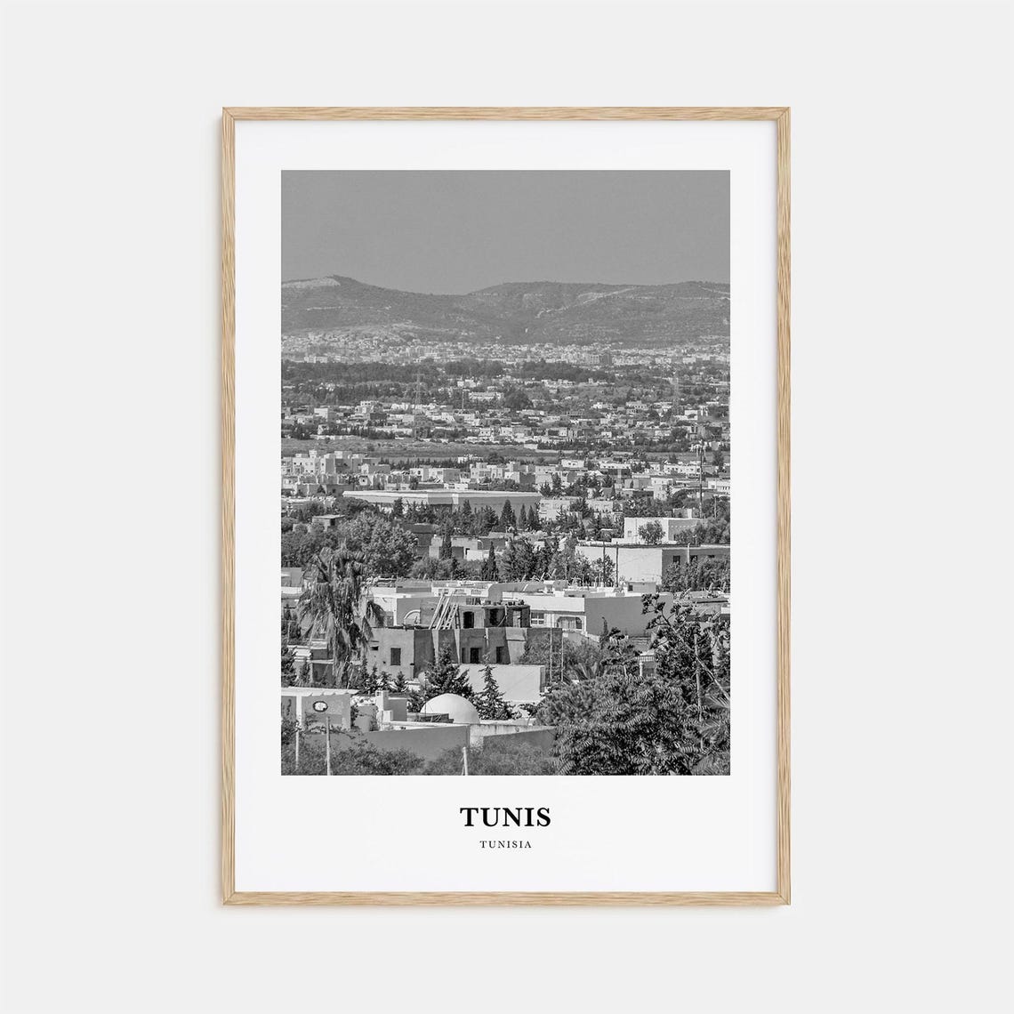 Tunis Tunisia City Rooftops Hills Black and White Photography Poster