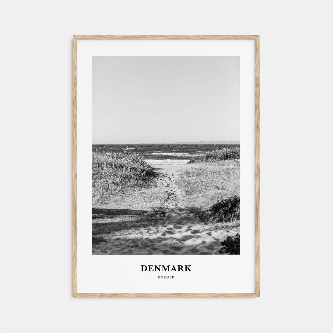 Denmark Europe Sandy Dune Path to the Sea Black White Travel Poster