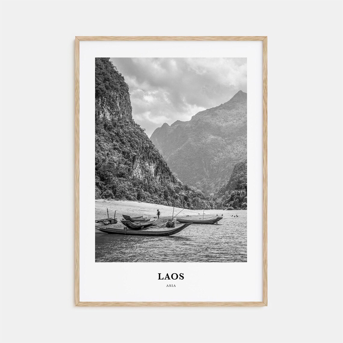 Laos Asia River Longtail Boats Cliffs Black And White Travel Poster