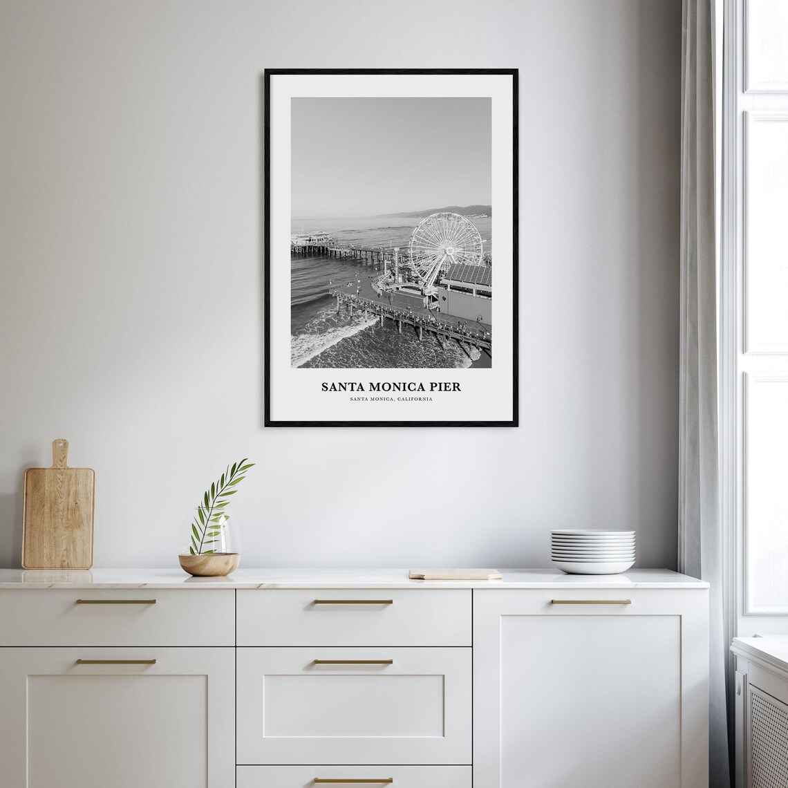 Santa Monica Pier Ferris Wheel Ocean Aerial Black White Art Print - Image 2