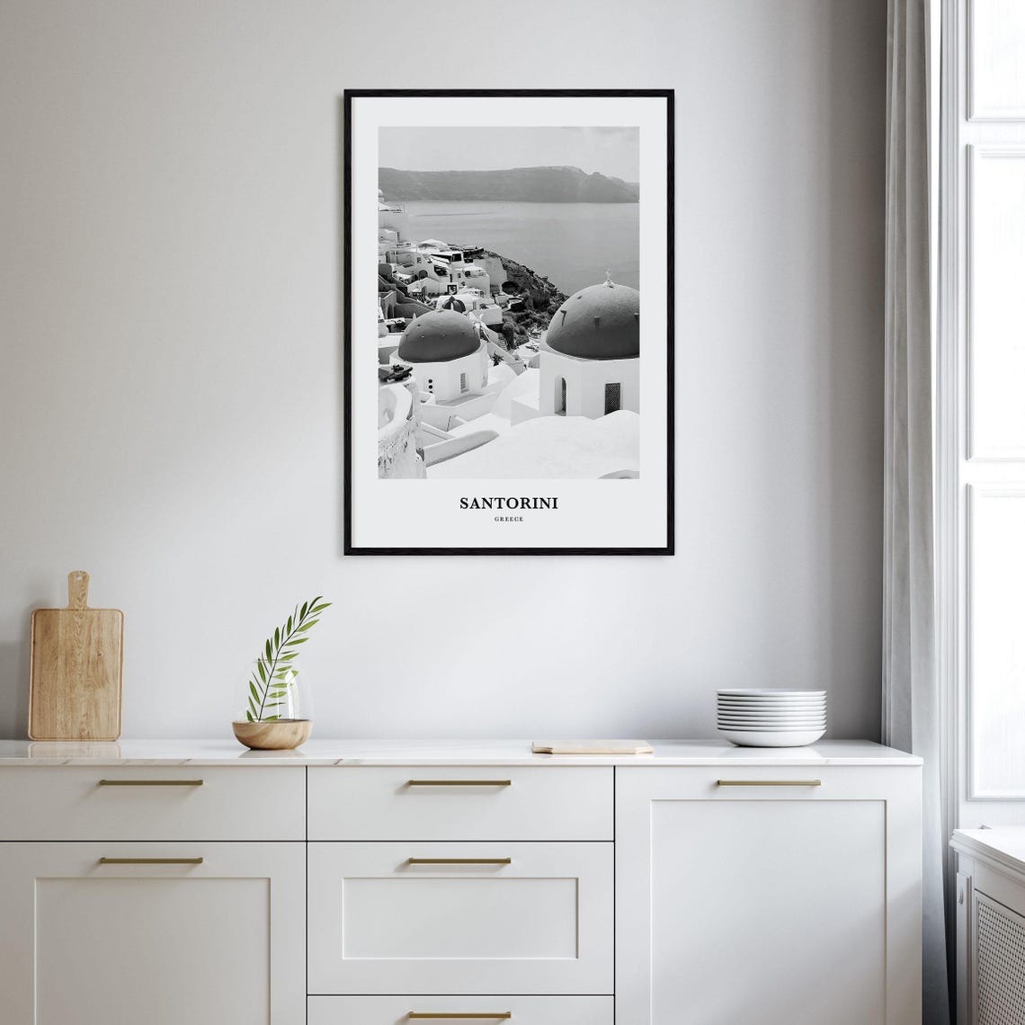 Santorini Greece Whitewashed Village Domes Caldera Black White Poster - Image 2