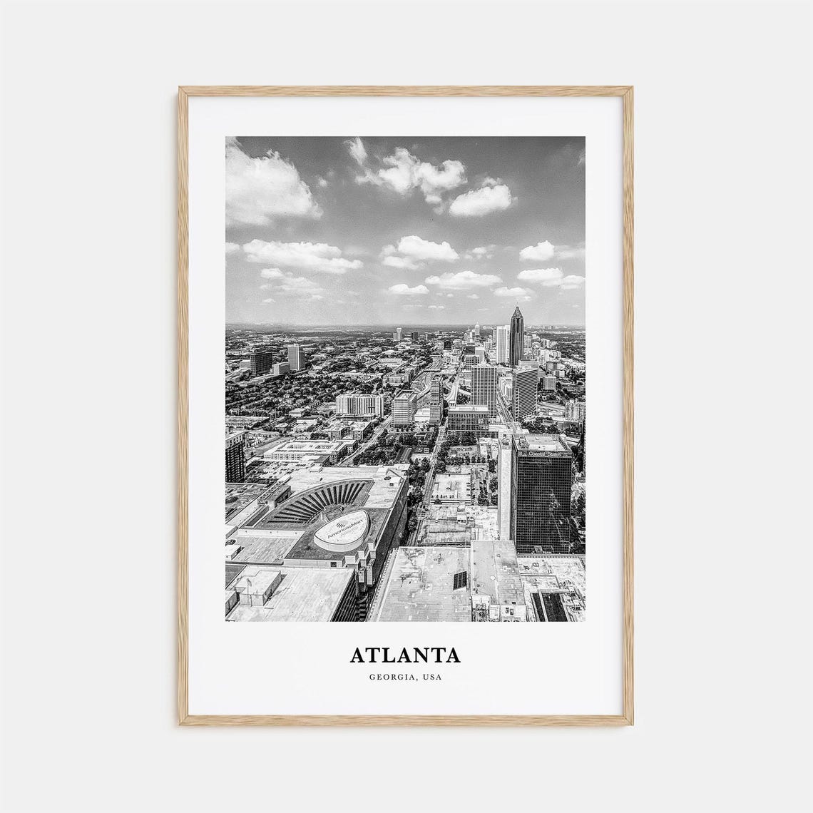 Atlanta Georgia Aerial Downtown Skyline Black White Travel Poster