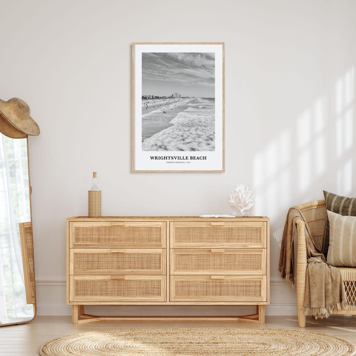 Wrightsville Beach Crowded Shoreline Waves Black and White Poster - Image 3