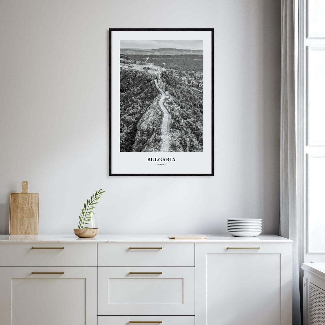 Bulgaria Rocky Ridge Winding Cliff Trail Black and White Travel Poster - Image 2