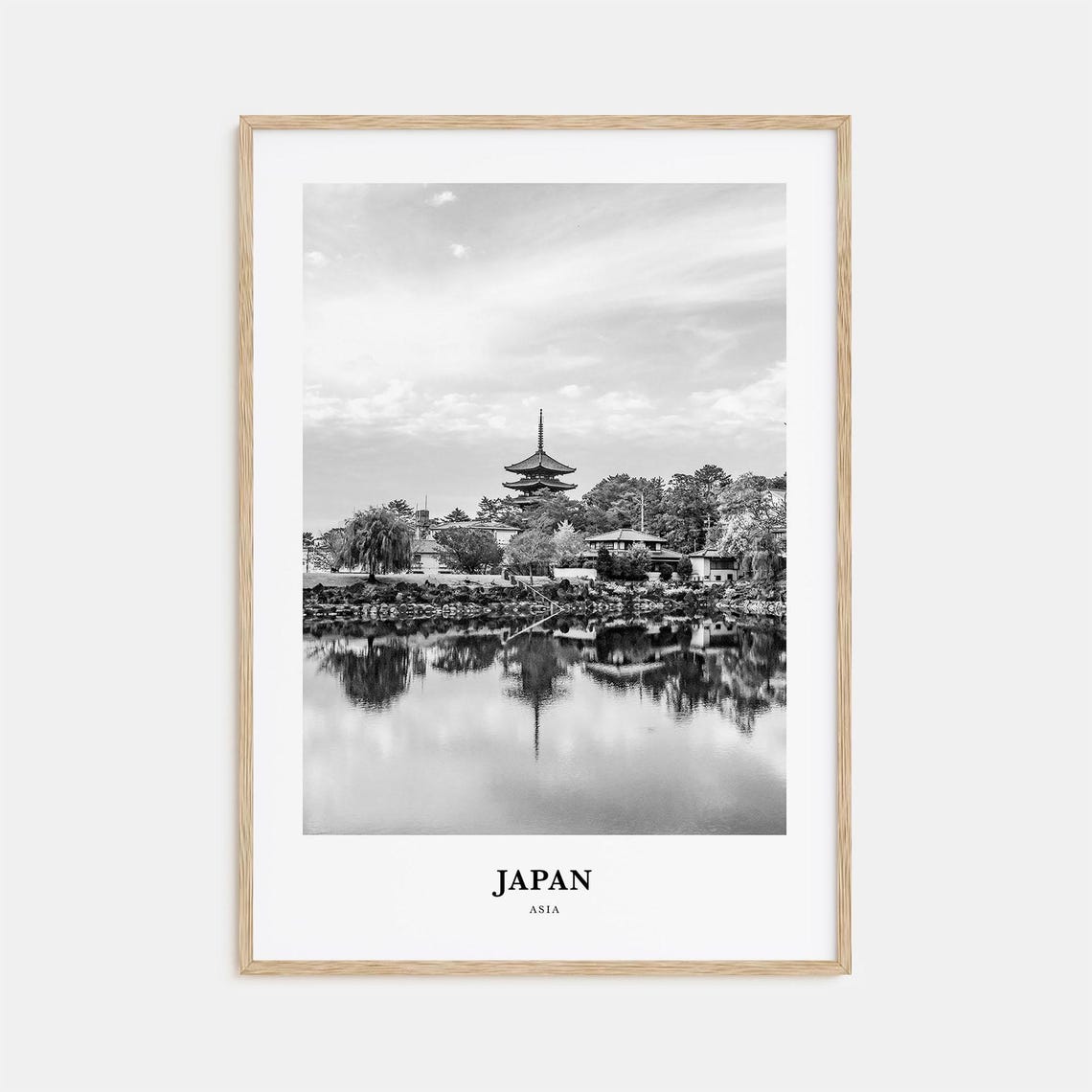 Japan Pagoda Lakeside Reflection Black and White Temple Poster