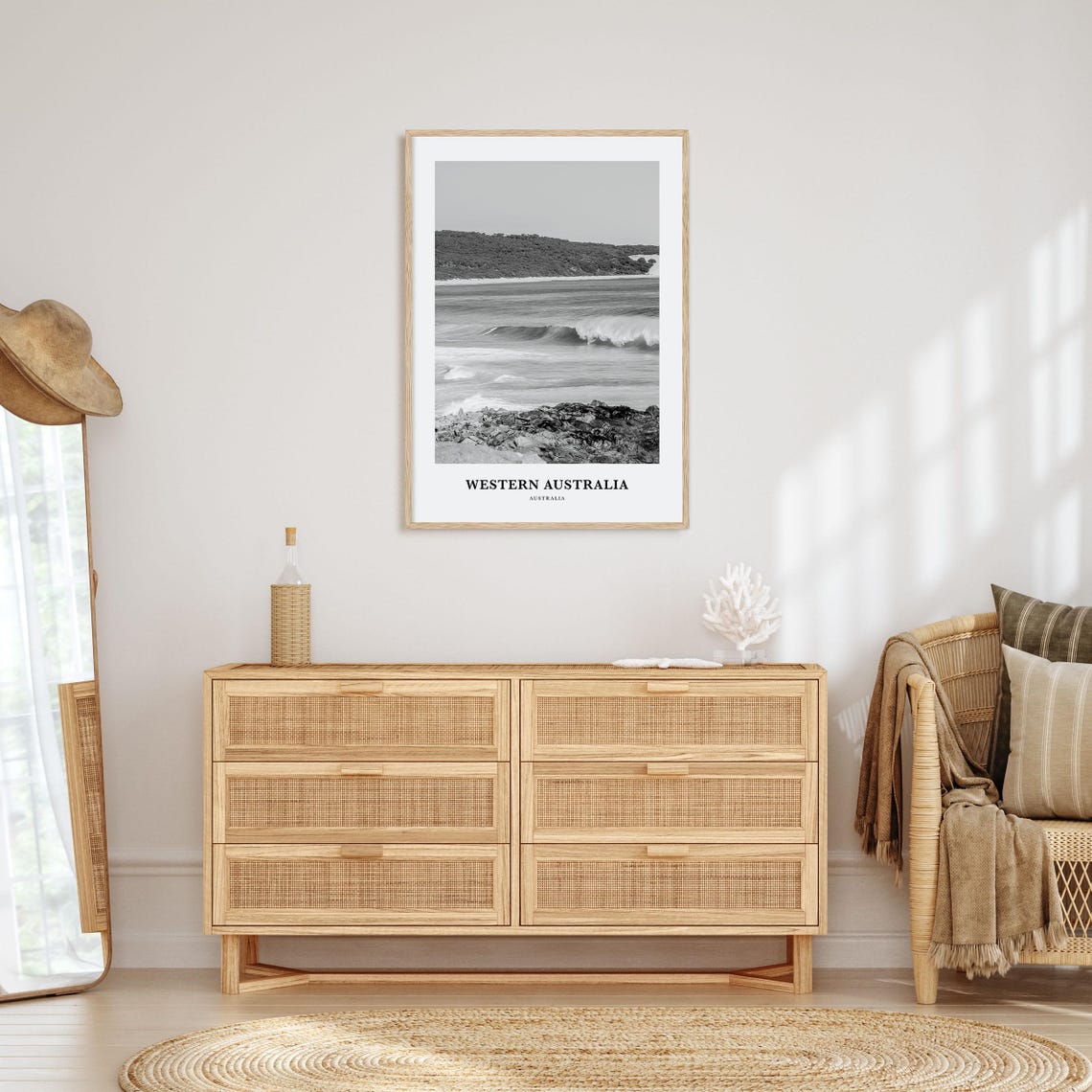 Western Australia Breaking Wave Rocky Shore Black White Poster - Image 3