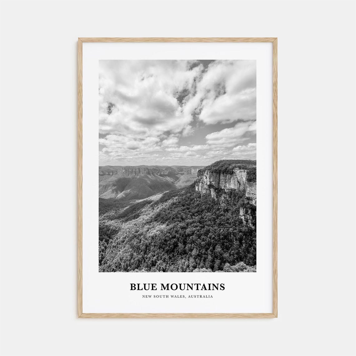 Blue Mountains Australia Forested Valley Cliffs Black White Print