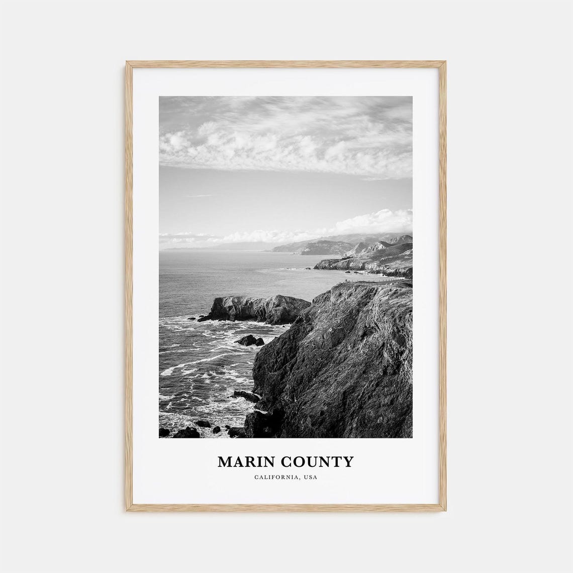 Marin County California Rugged Pacific Cliffs Black White Print