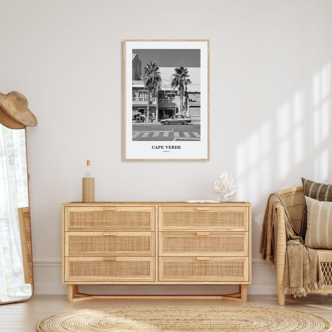 Cape Verde Palm Street Taxi Scene Black and White Photo Poster - Image 3