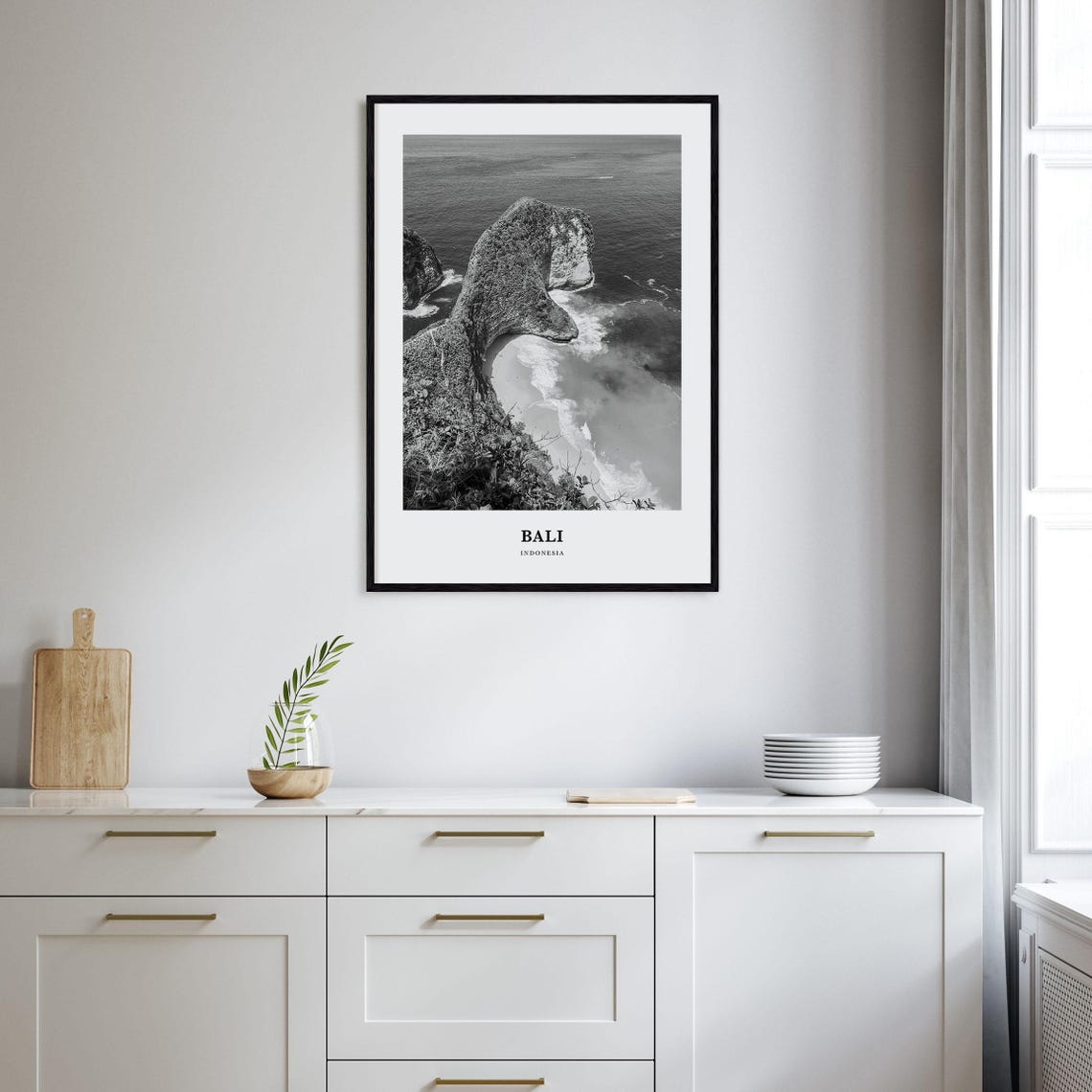 Bali Indonesia Kelingking Cliff Beach Black and White Poster - Image 2