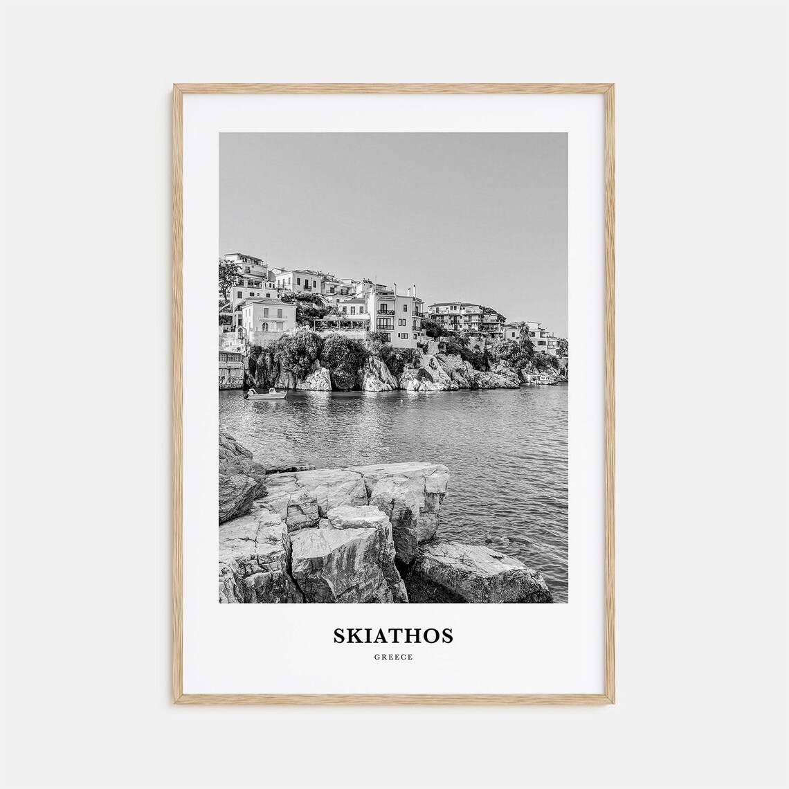 Skiathos Greece Coastal Harbor Town Black and White Travel Poster