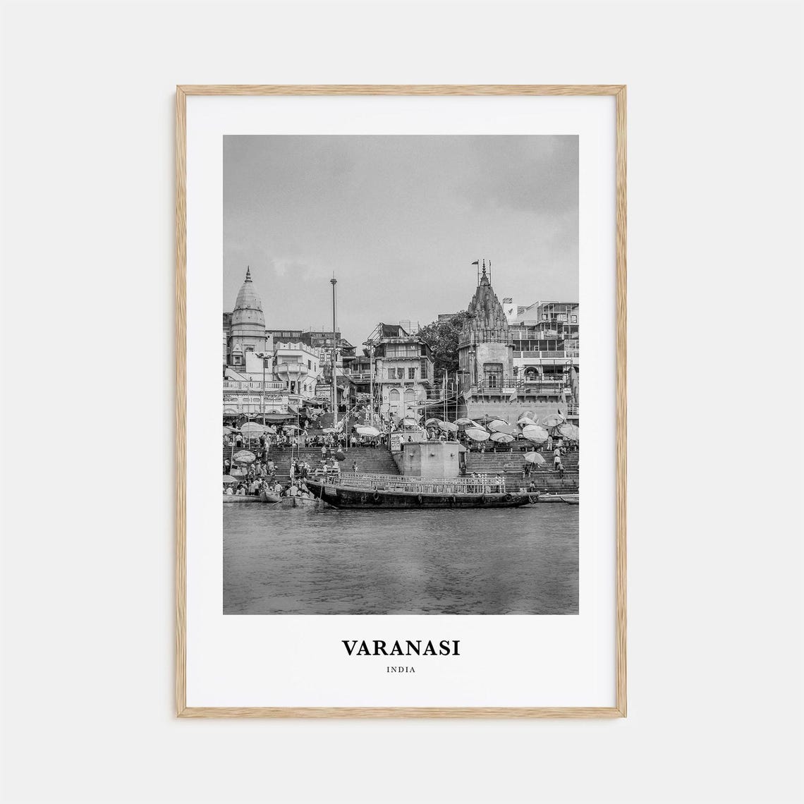 Varanasi India Ganges River Ghats Boats Monochrome Art Poster