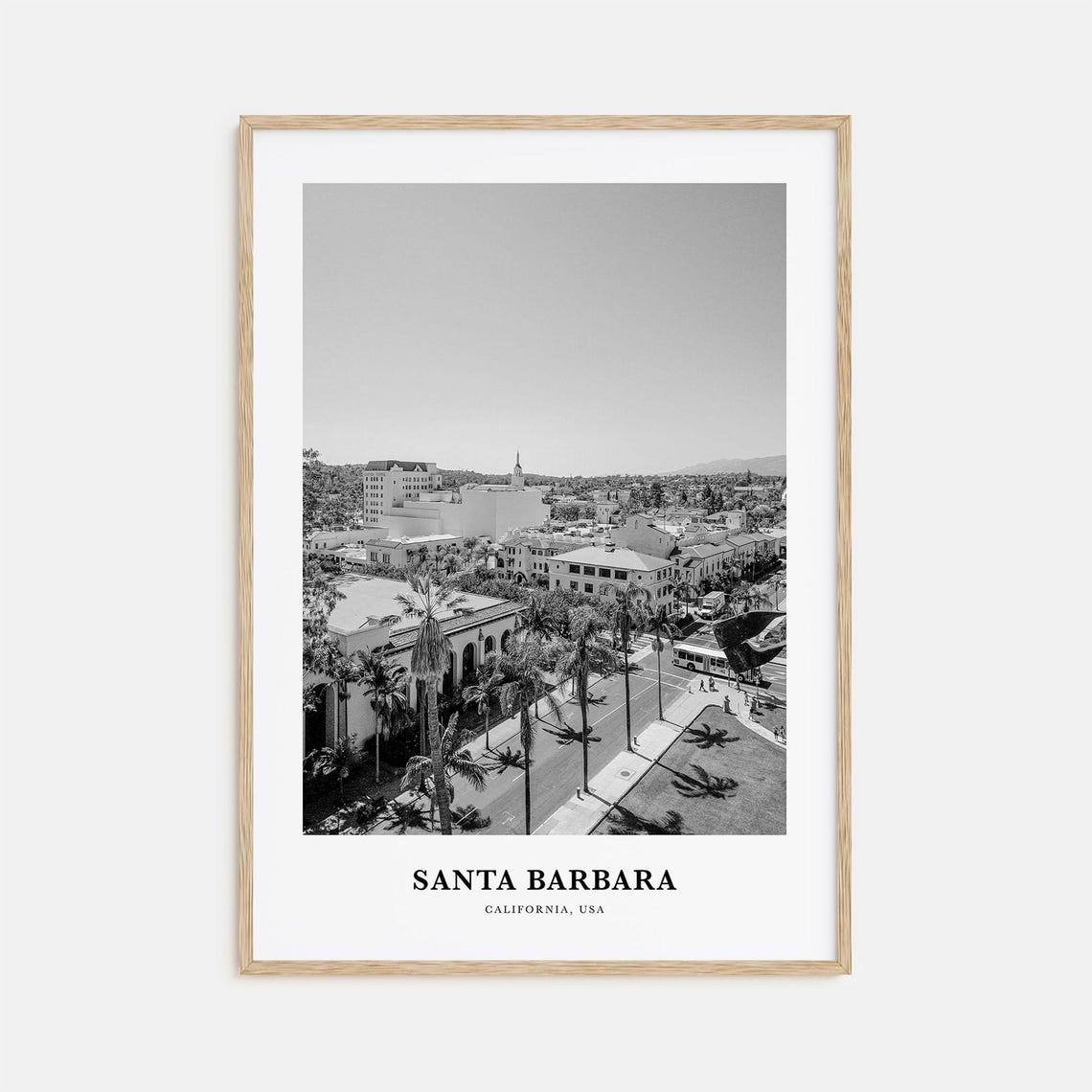 Santa Barbara California Downtown Palm Lined Street Black White Poster