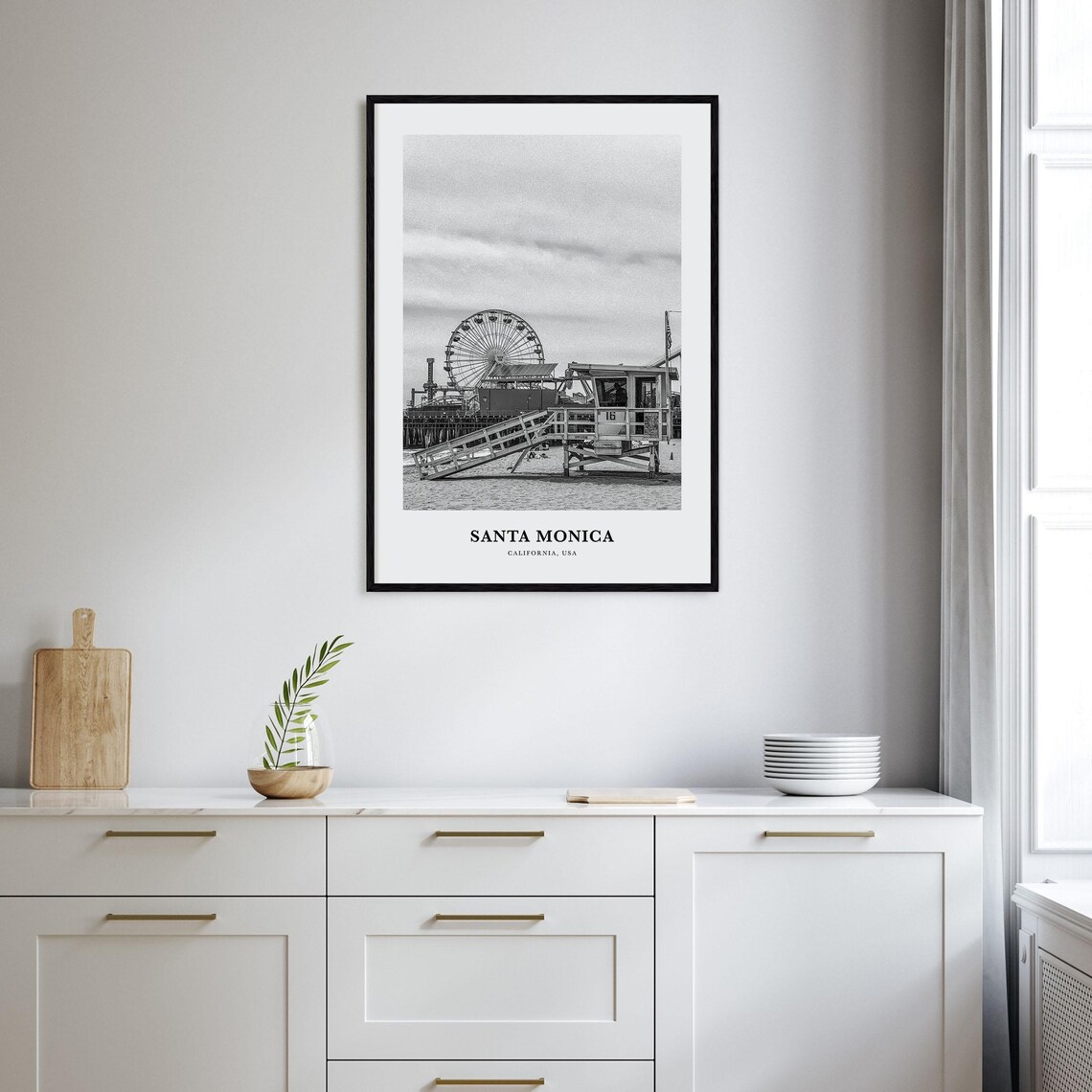 Santa Monica California Pier Ferris Wheel Black White Beach Photo Poster - Image 2