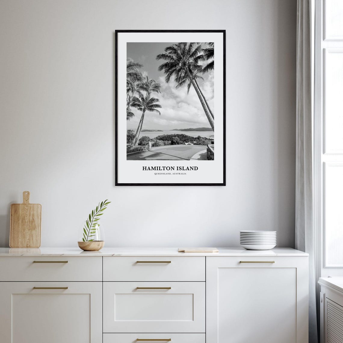Hamilton Island Queensland Palm Trees Overlook Black White Poster - Image 2