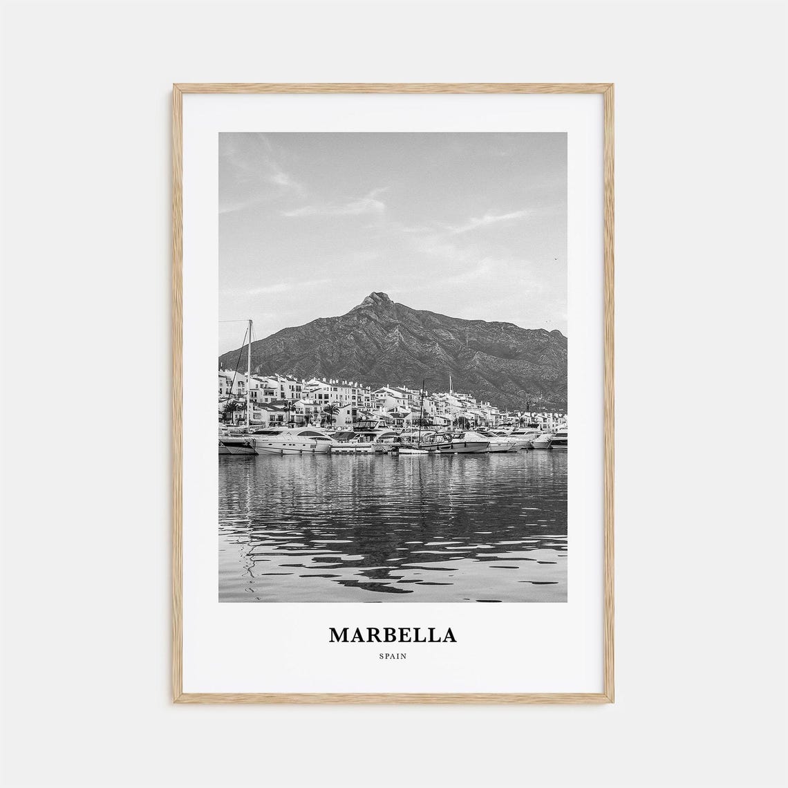 Marbella Spain Marina Yachts Mountain Backdrop Black White Print