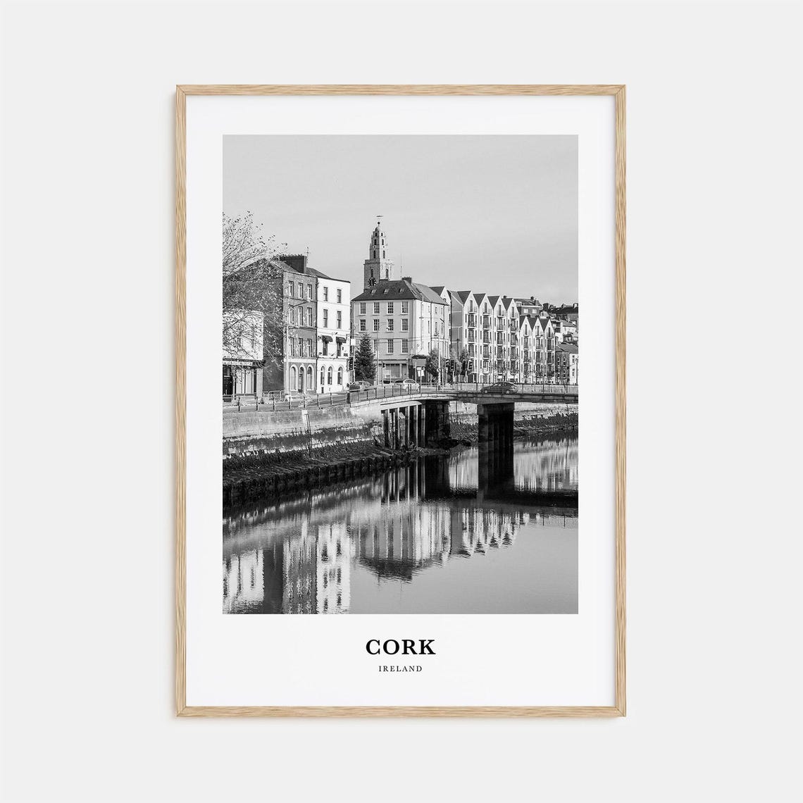 Cork Ireland River Quayside Spire Black and White Travel Poster