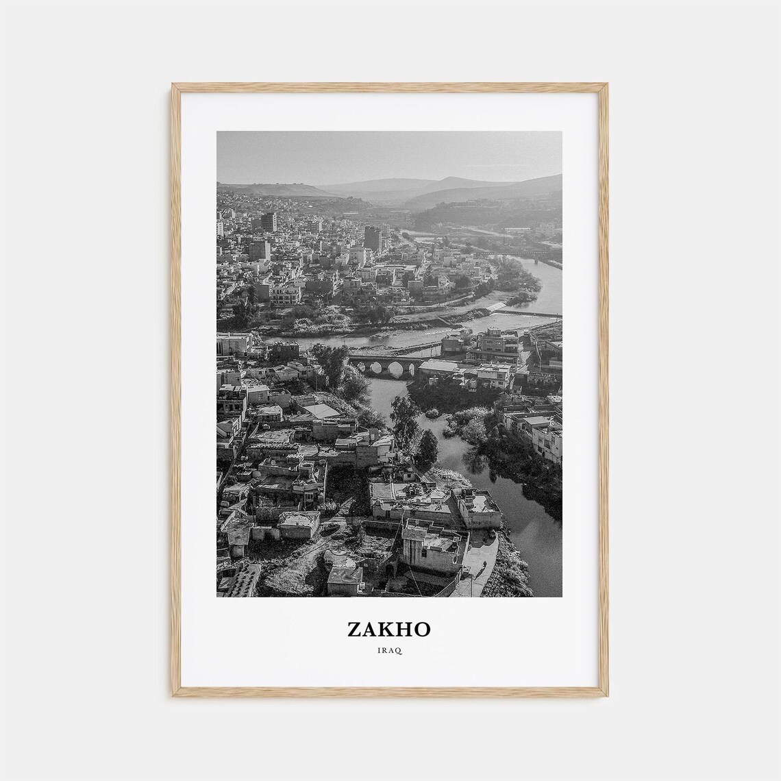 Zakho Iraq River City Hillside Aerial Black and White Poster