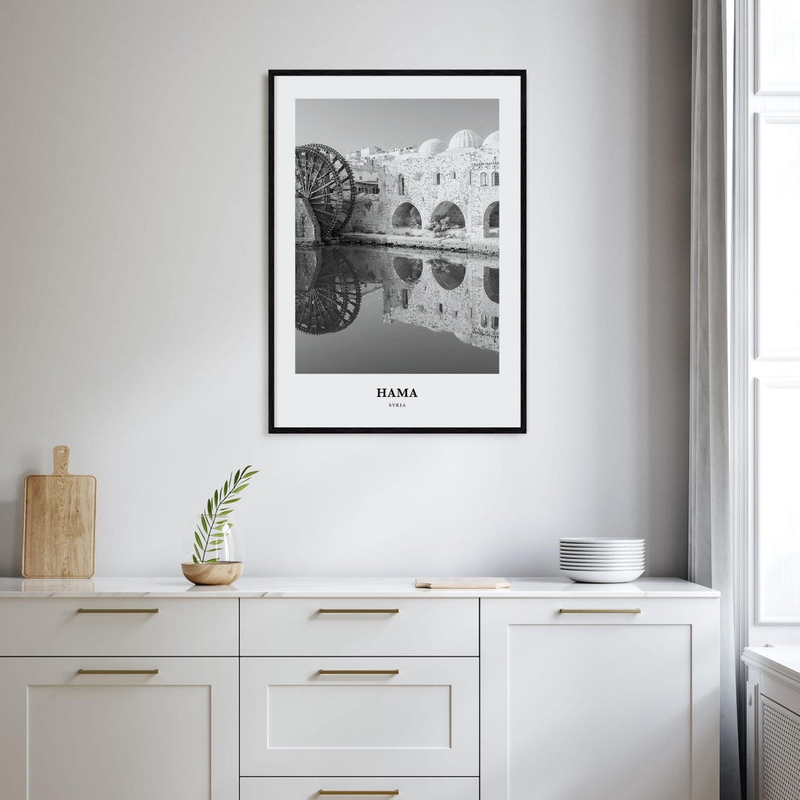 Hama Syria Norias Water Wheels Reflection Black White Poster - Image 2