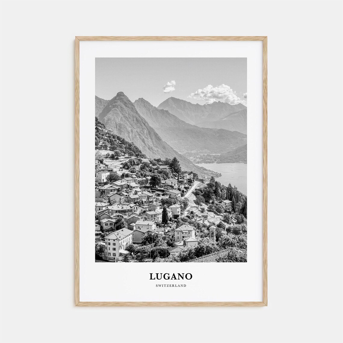 Lugano Switzerland Alpine Lake Mountain Town Black White Art Print