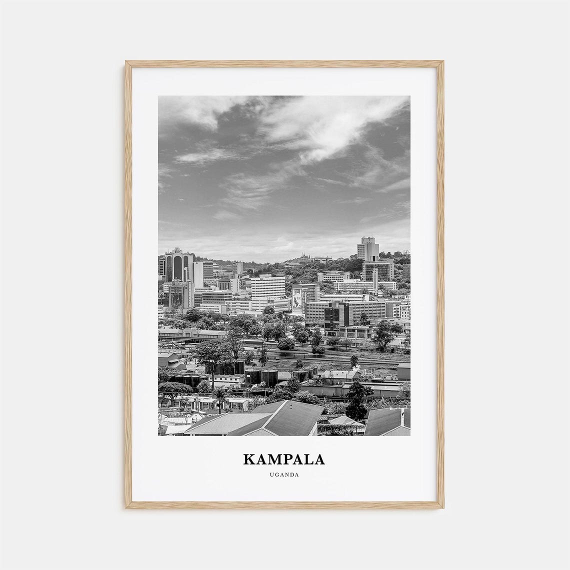 Kampala Uganda City Skyline Over Rolling Hills Black and White Poster
