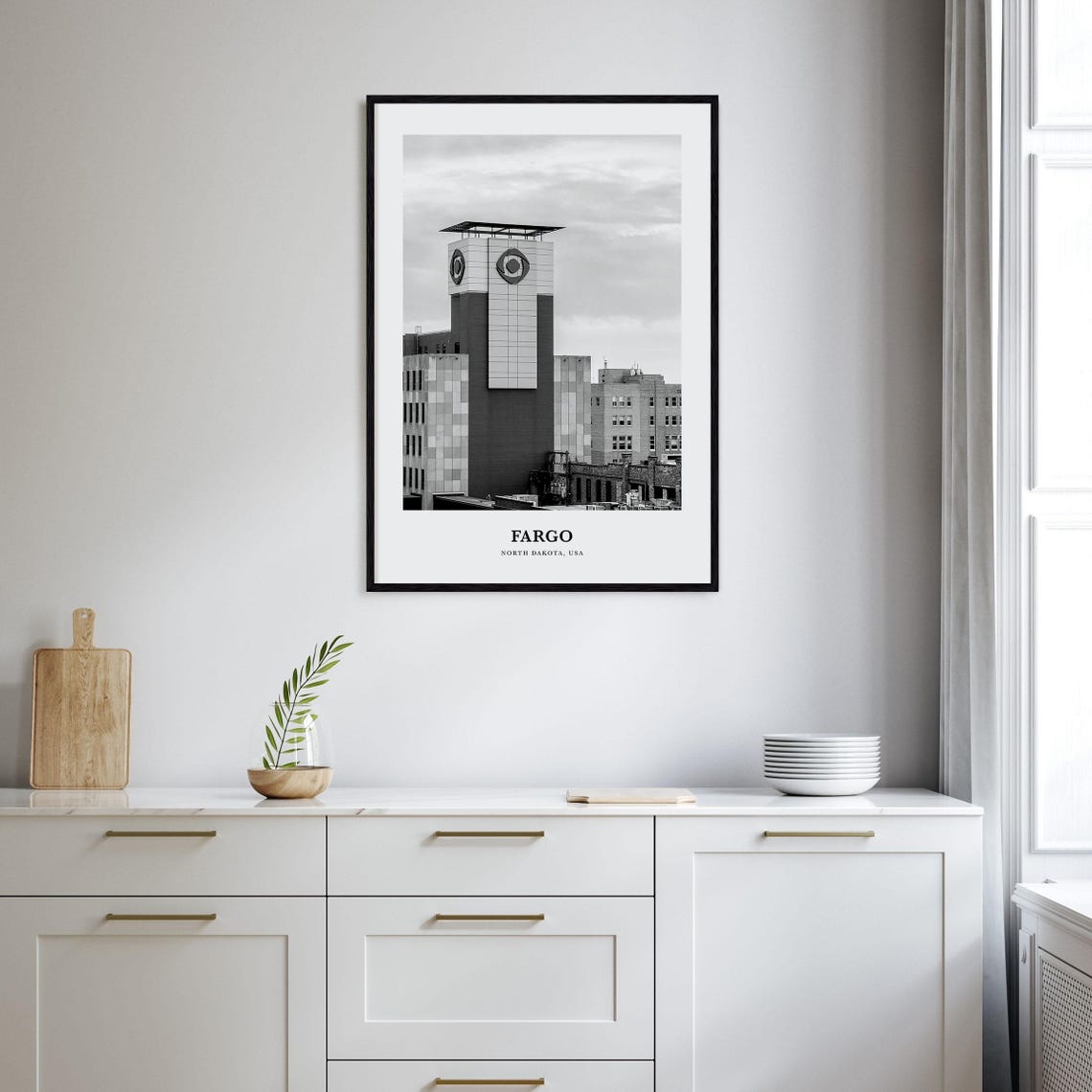 Fargo North Dakota Downtown Clock Tower Black and White Poster - Image 2