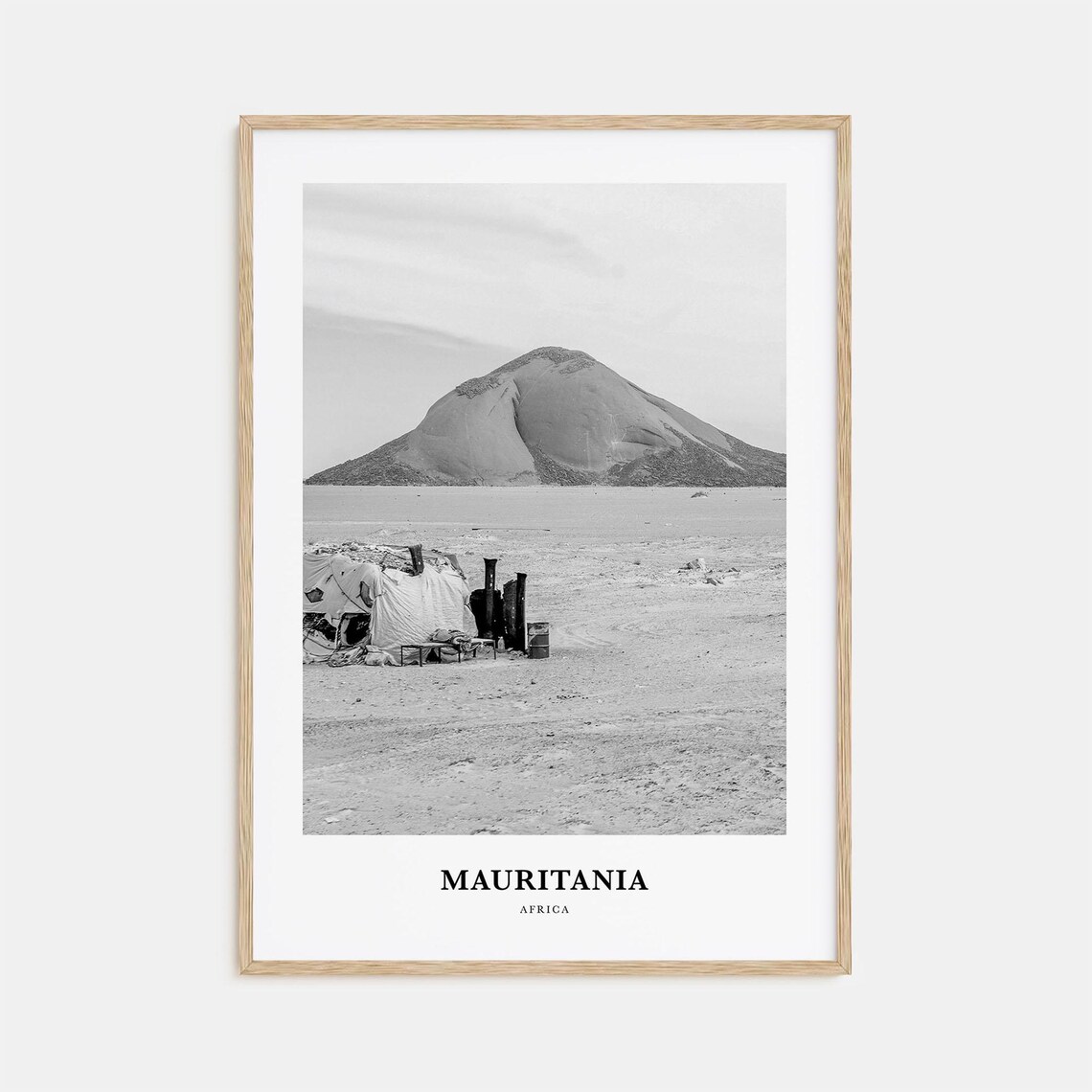 Mauritania Desert Camp And Mountain Black White Photography Poster